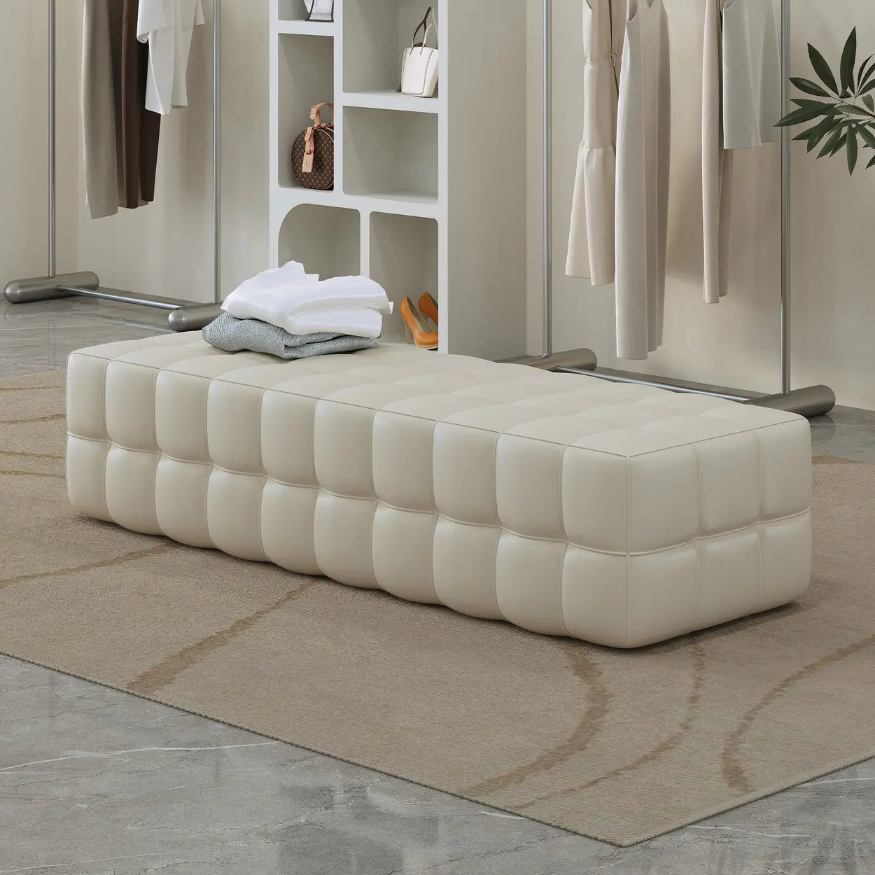 Modern Orange Upholstered Short Bedroom Bench — Off-White