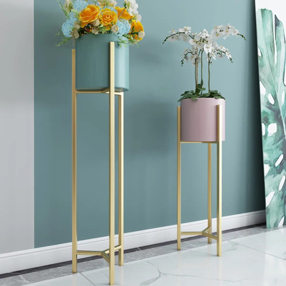 Modern Orbicular Gold Metal Floor Plant Stand — White