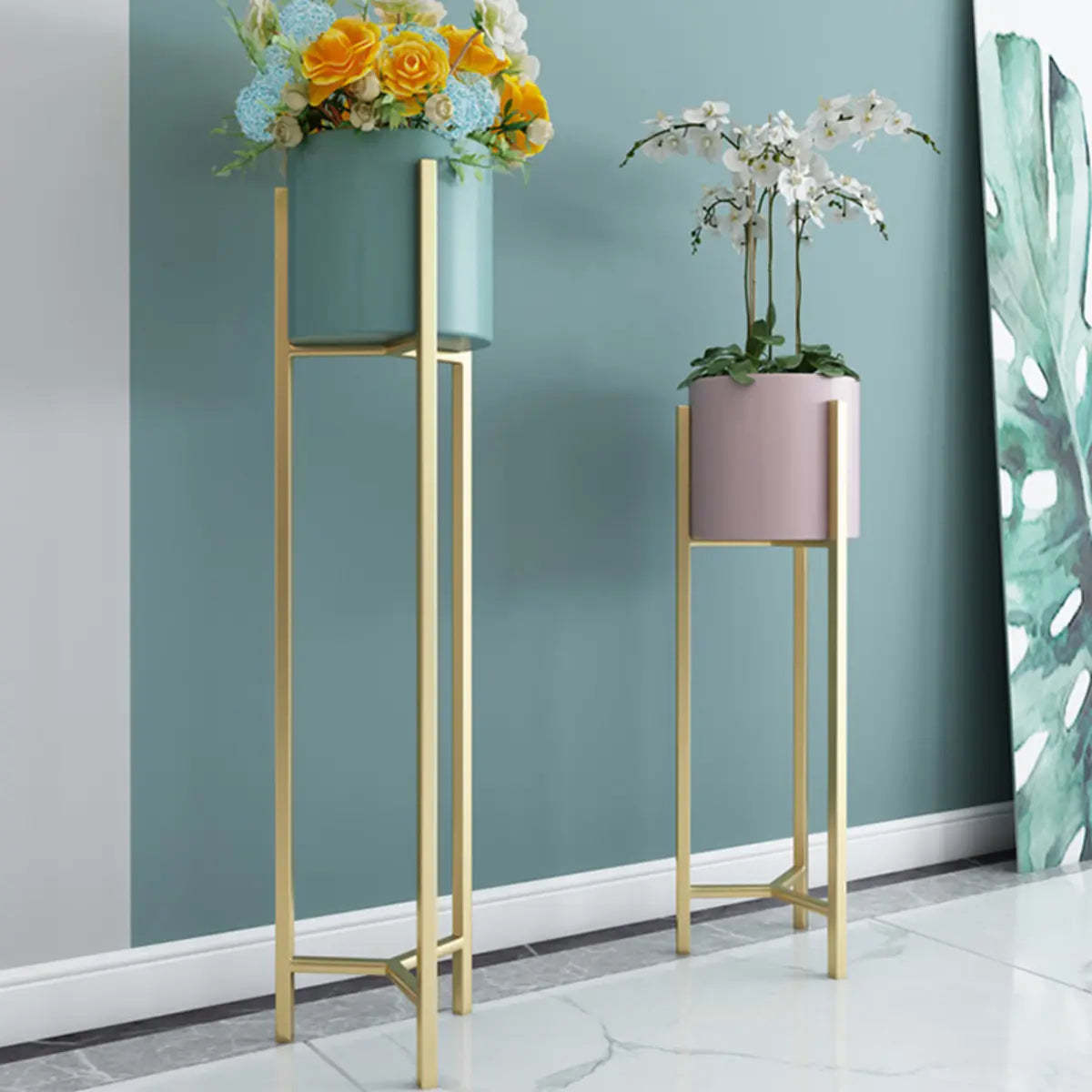 Modern Orbicular Gold Metal Floor Plant Stand — White