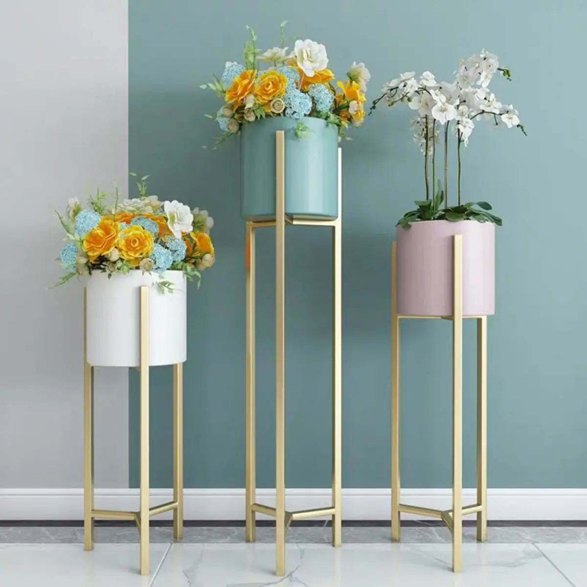 Modern Orbicular Gold Metal Floor Plant Stand — White