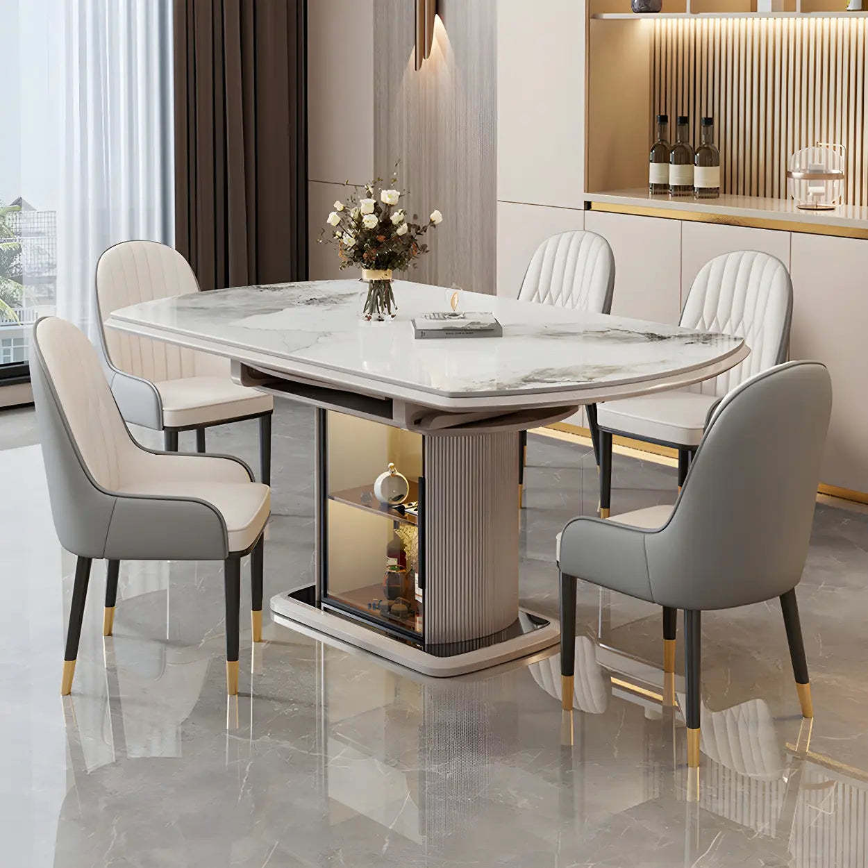 Modern Oval Gray Marble Self-Storing Leaf Dining Table — Table Only