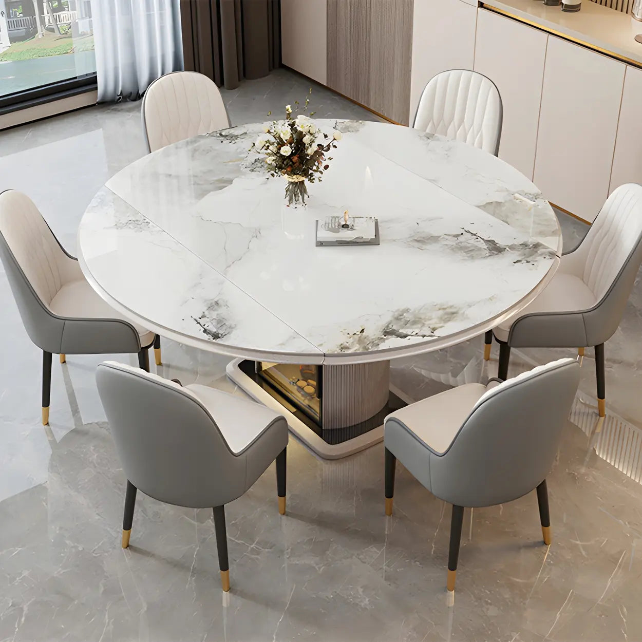 Modern Oval Gray Marble Self-Storing Leaf Dining Table — Table Only