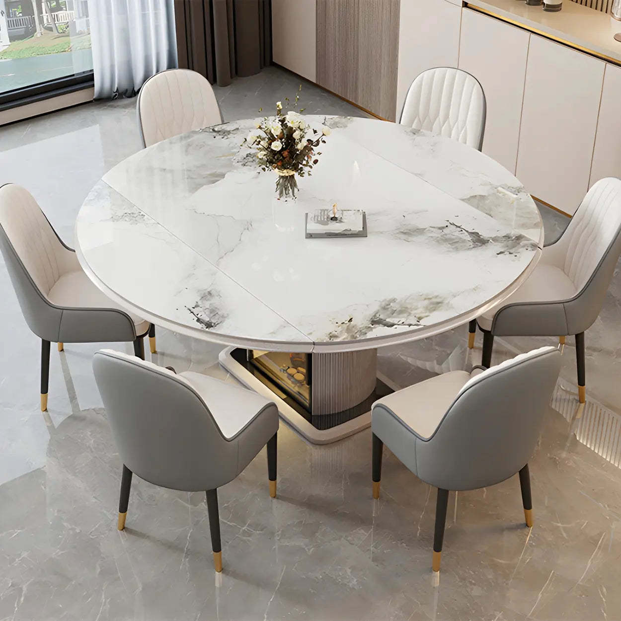 Modern Oval Gray Marble Self-Storing Leaf Dining Table — Table Only