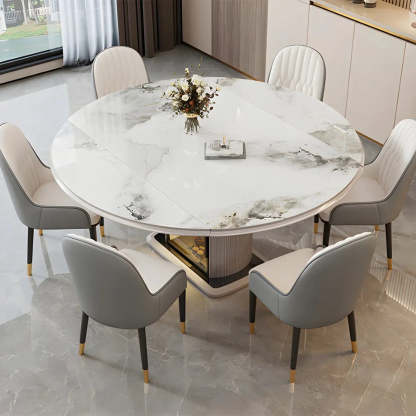Modern Oval Gray Marble Self-Storing Leaf Dining Table — Table Only
