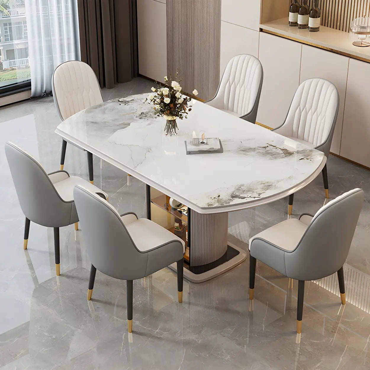 Modern Oval Gray Marble Self-Storing Leaf Dining Table — Table Only