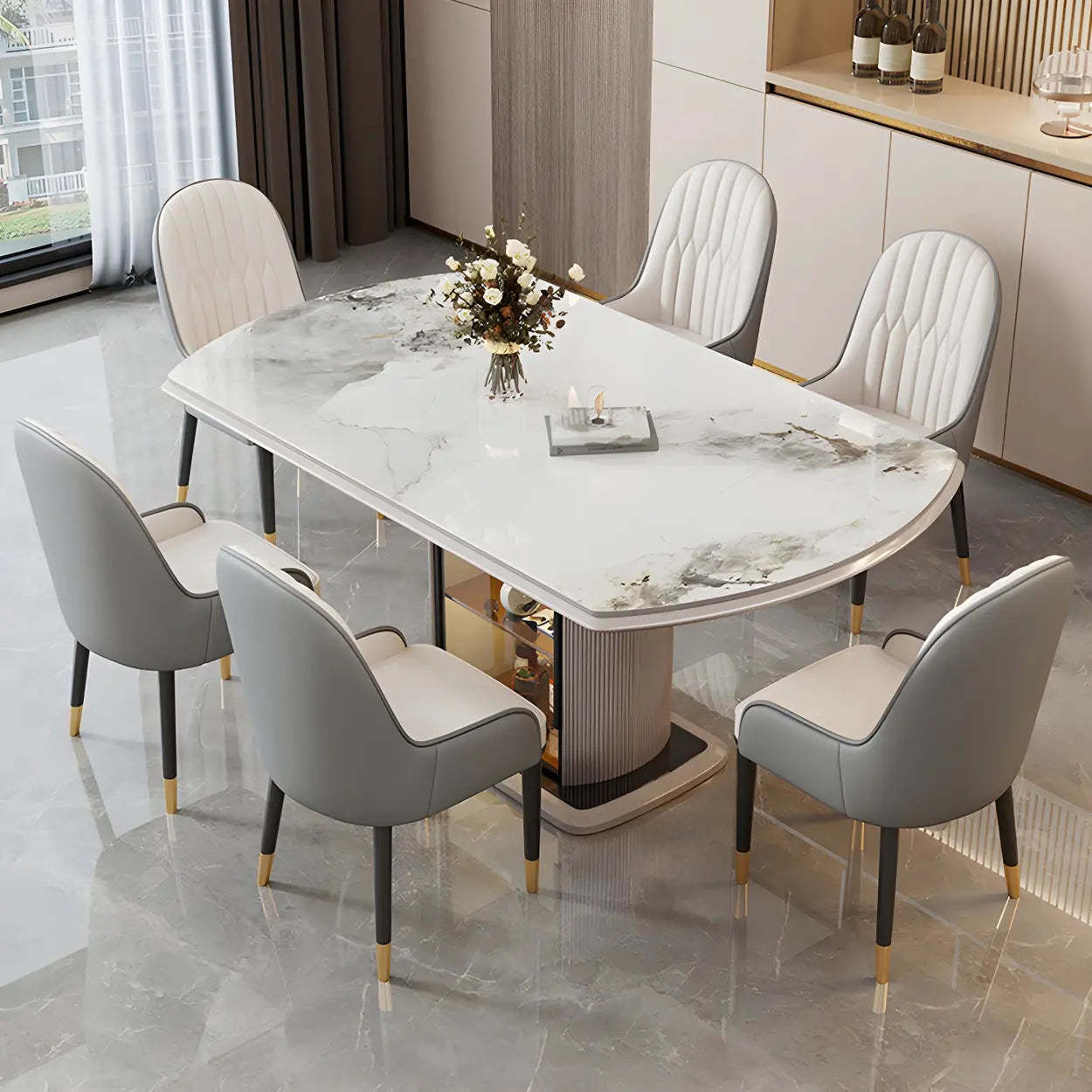 Modern Oval Gray Marble Self-Storing Leaf Dining Table — Table Only