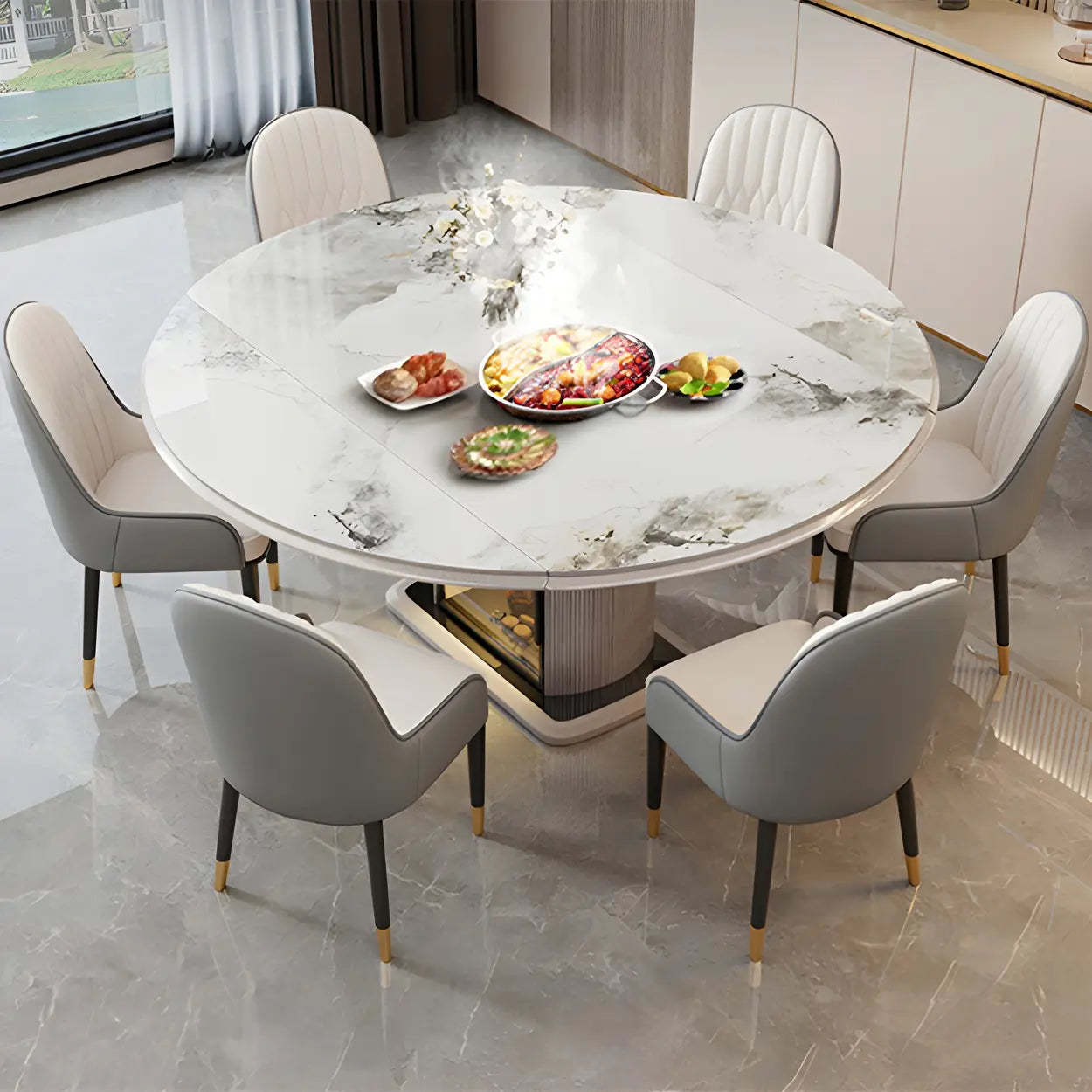 Modern Oval Gray Marble Self-Storing Leaf Dining Table