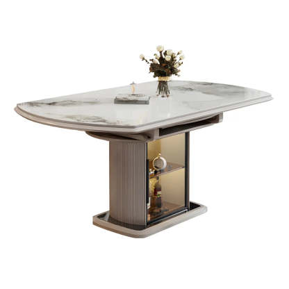 Modern Oval Gray Marble Self-Storing Leaf Dining Table