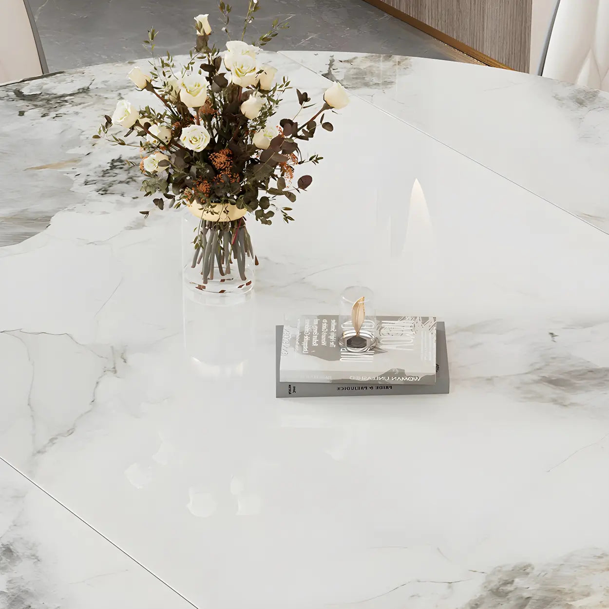 Modern Oval Gray Marble Self-Storing Leaf Dining Table