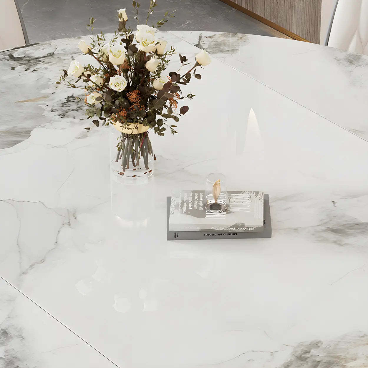 Modern Oval Gray Marble Self-Storing Leaf Dining Table