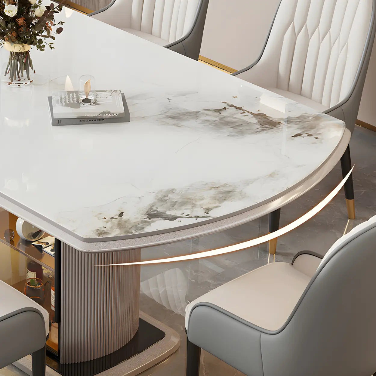 Modern Oval Gray Marble Self-Storing Leaf Dining Table