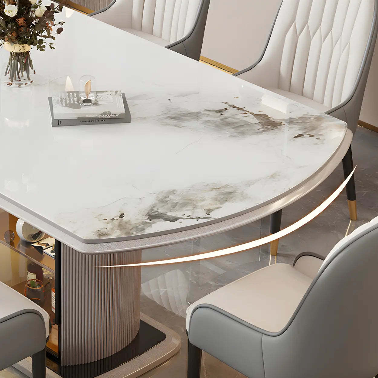 Modern Oval Gray Marble Self-Storing Leaf Dining Table