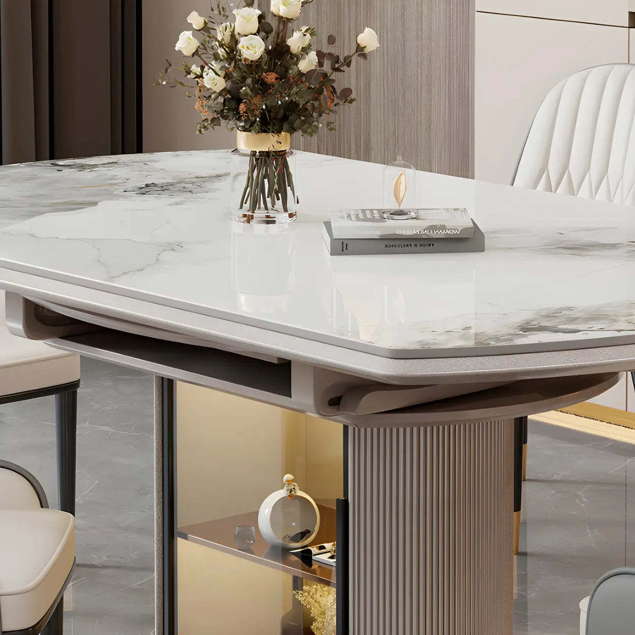 Modern Oval Gray Marble Self-Storing Leaf Dining Table
