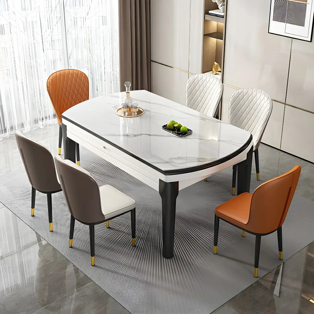 Modern White Oval Marble Self-Storing Dining Table - 47x30x30