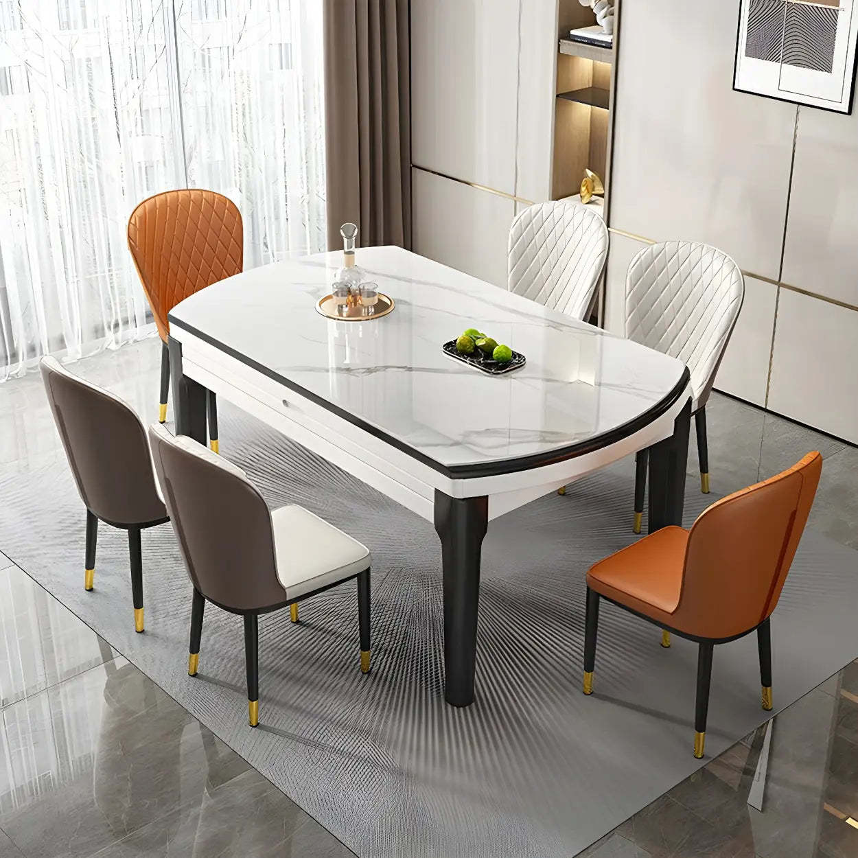 Modern White Oval Marble Self-Storing Dining Table — Table Only
