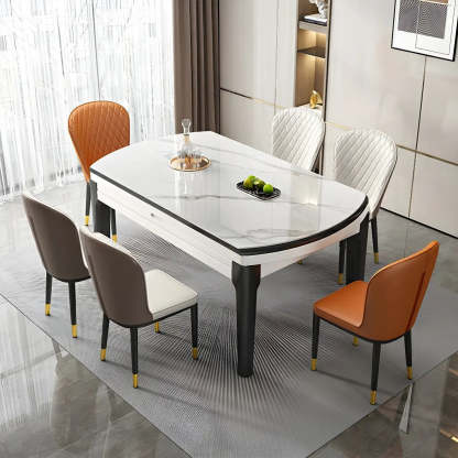Modern White Oval Marble Self-Storing Dining Table — Table Only