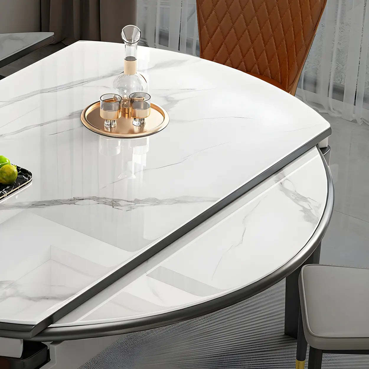 Modern White Oval Marble Self-Storing Dining Table