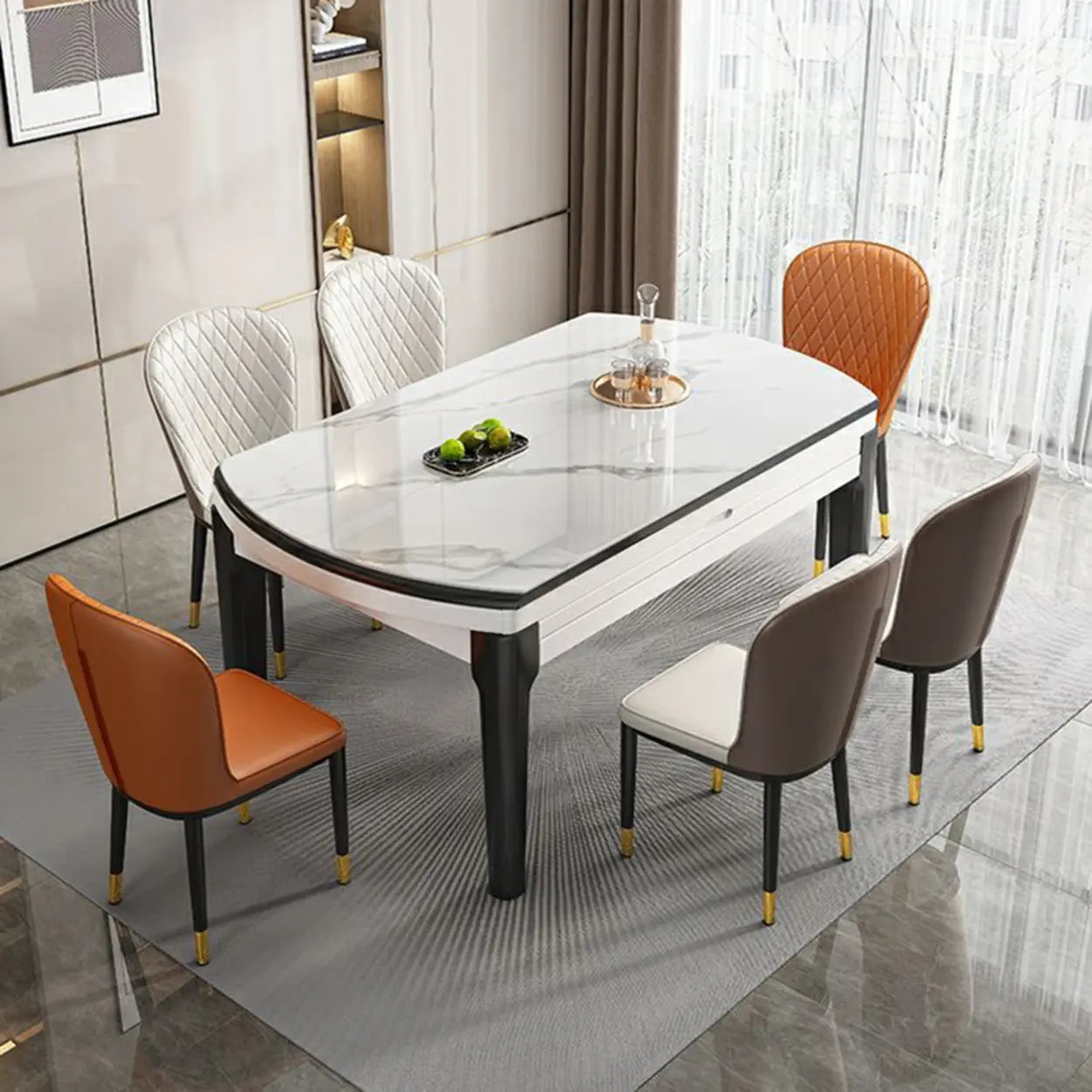 Modern White Oval Marble Self-Storing Dining Table — Table Only