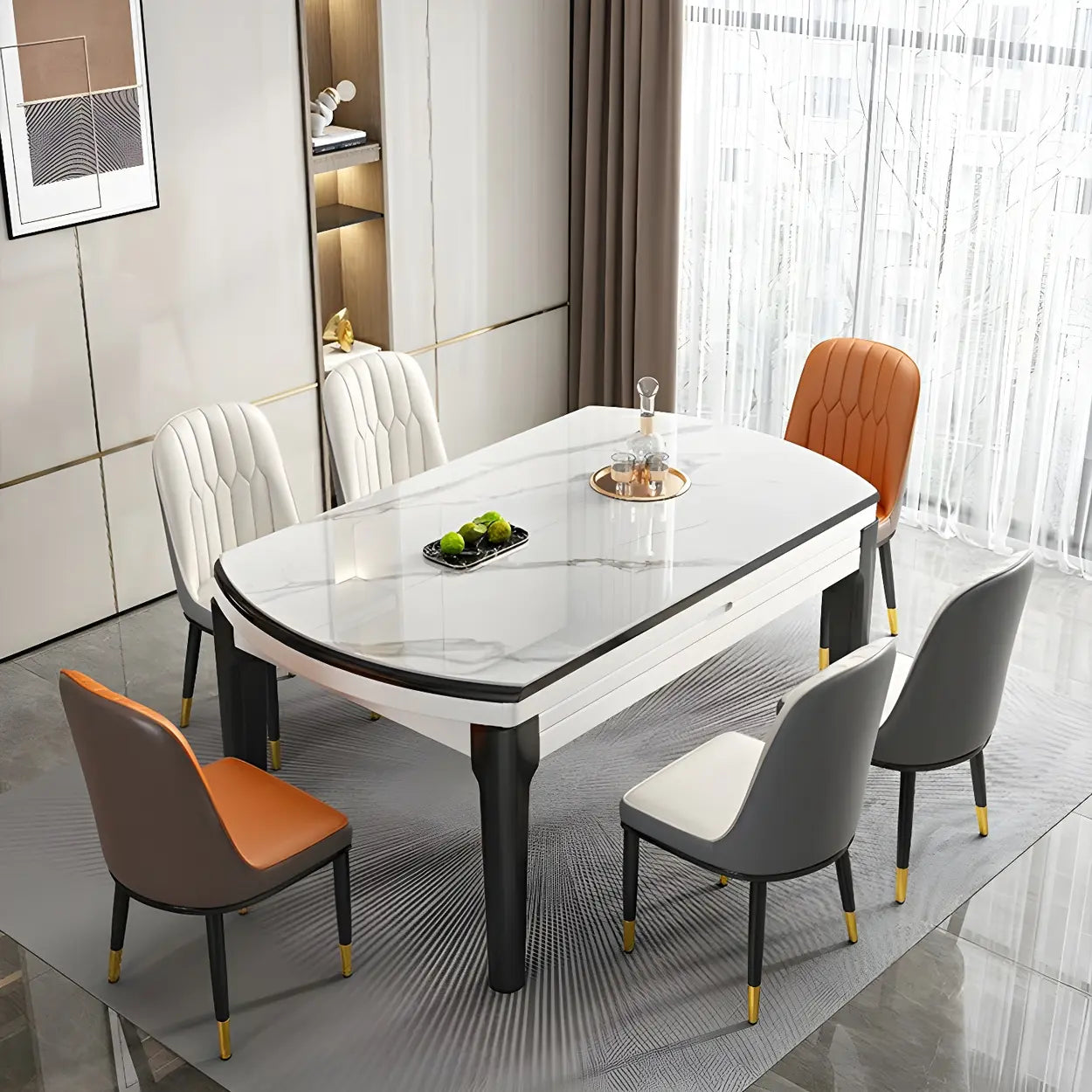 Modern White Oval Marble Self-Storing Dining Table — Table Only