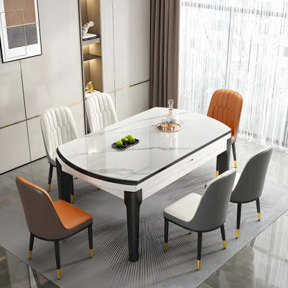 Modern White Oval Marble Self-Storing Dining Table — Table Only