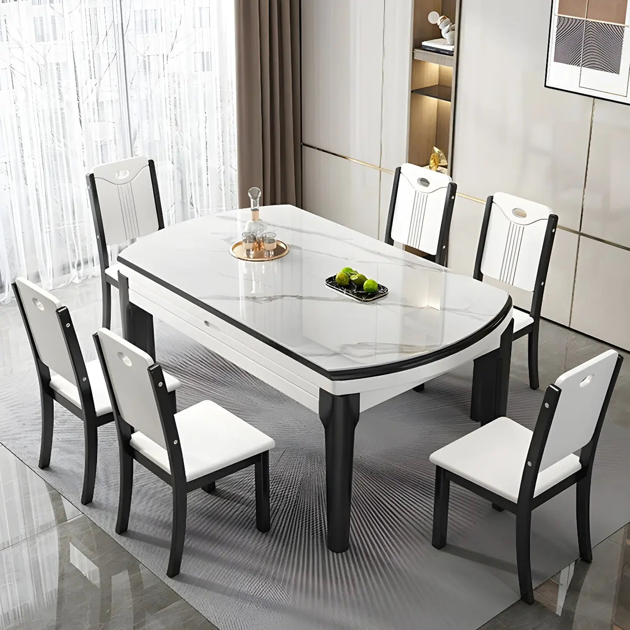 Modern White Oval Marble Self-Storing Dining Table