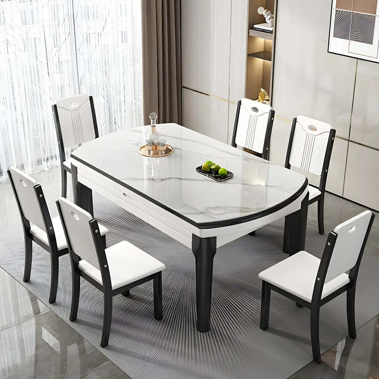 Modern White Oval Marble Self-Storing Dining Table