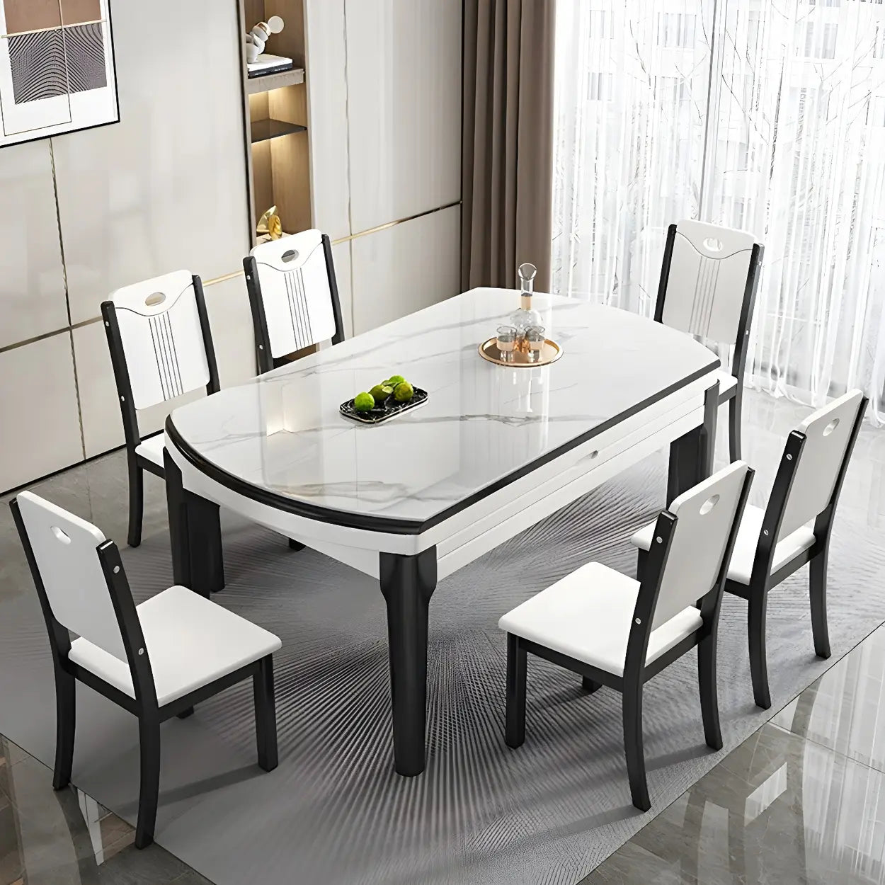 Modern White Oval Marble Self-Storing Dining Table