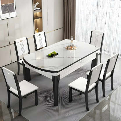 Modern White Oval Marble Self-Storing Dining Table