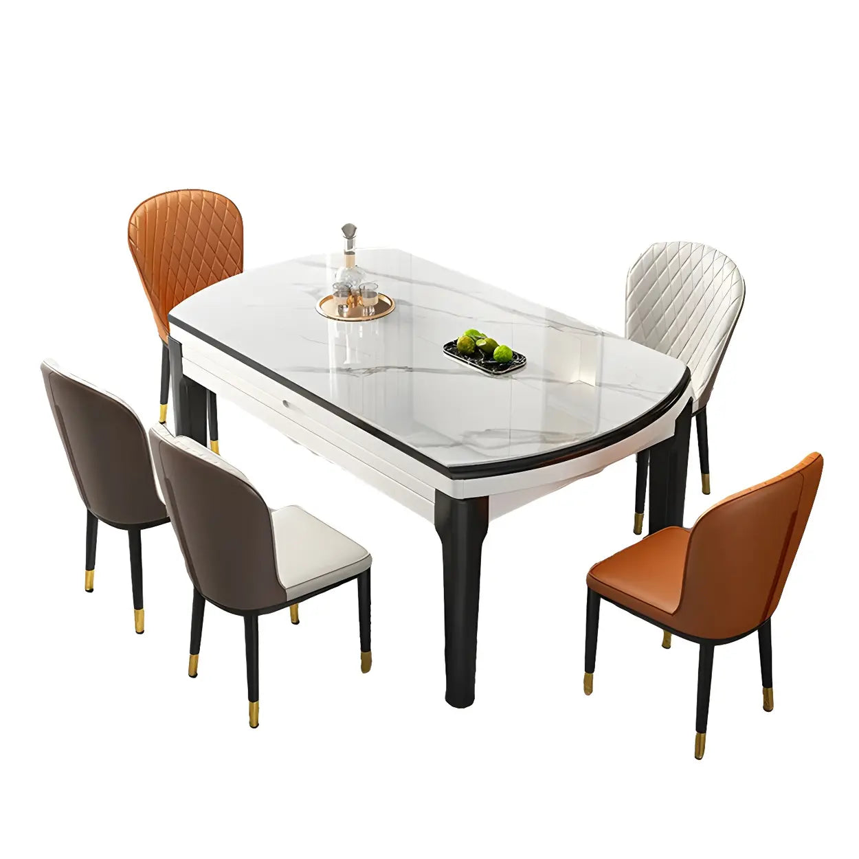 Modern White Oval Marble Self-Storing Dining Table