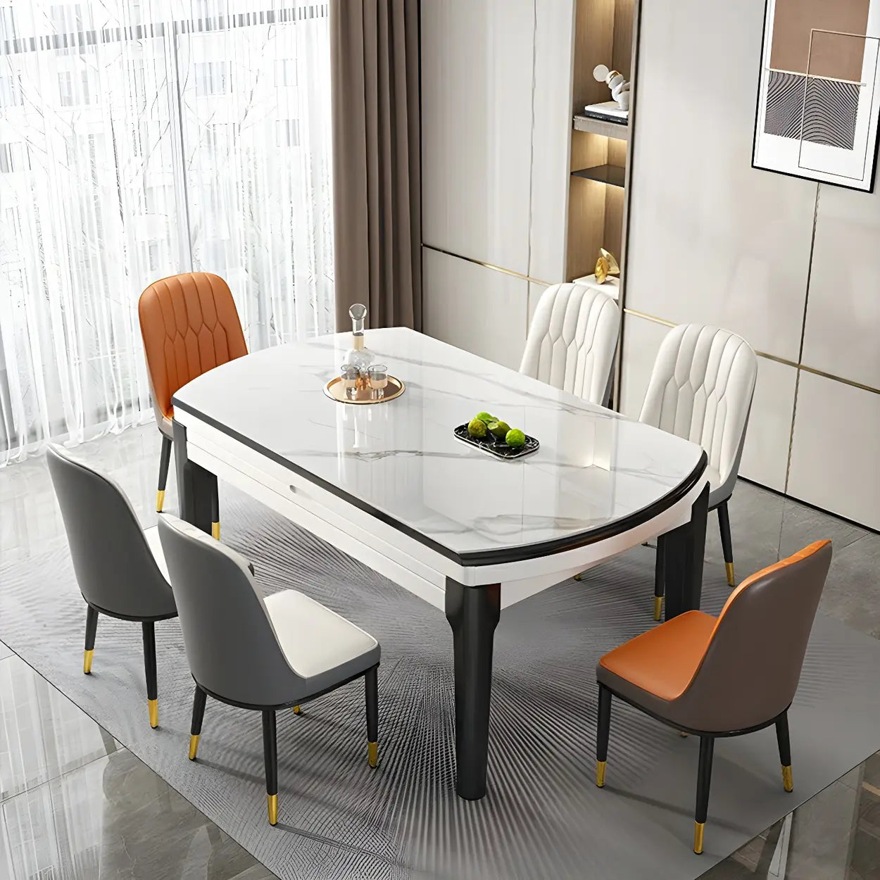 Modern White Oval Marble Self-Storing Dining Table