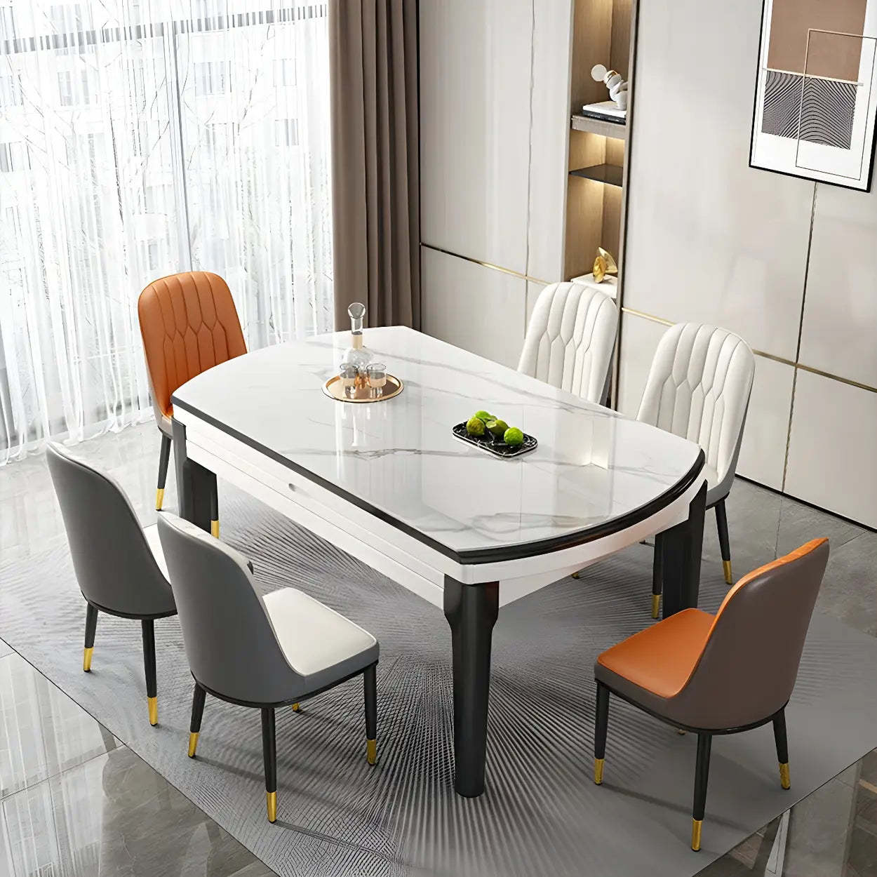 Modern White Oval Marble Self-Storing Dining Table
