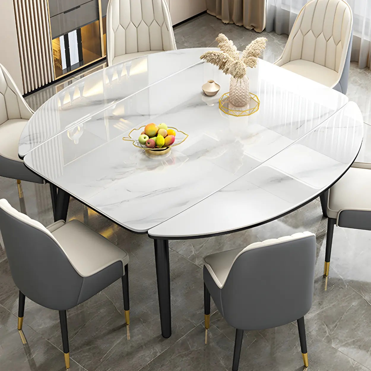 Modern Oval Marble Drop Leaf Dining Table — White / Table Only