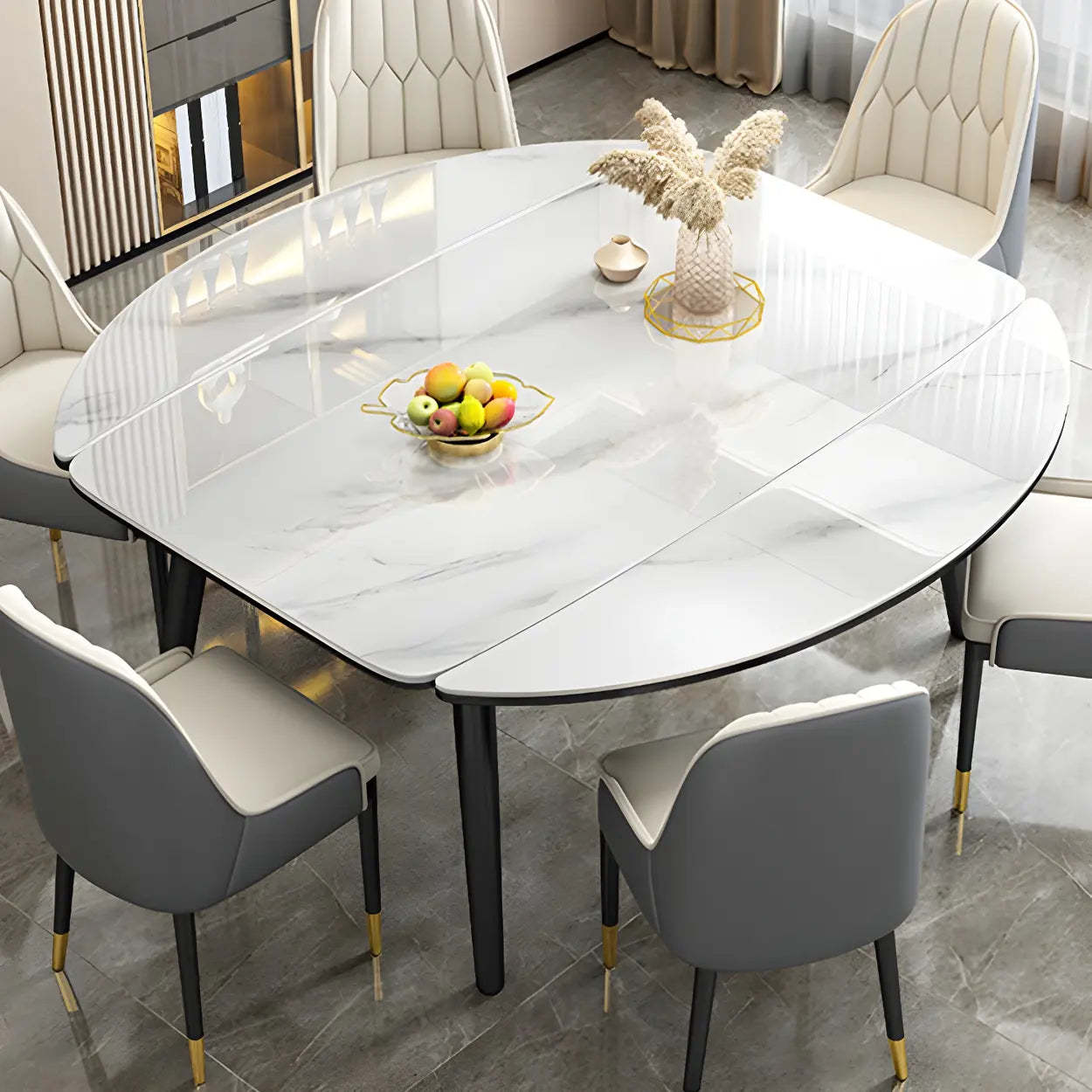 Modern Oval Marble Drop Leaf Dining Table — White / Table Only