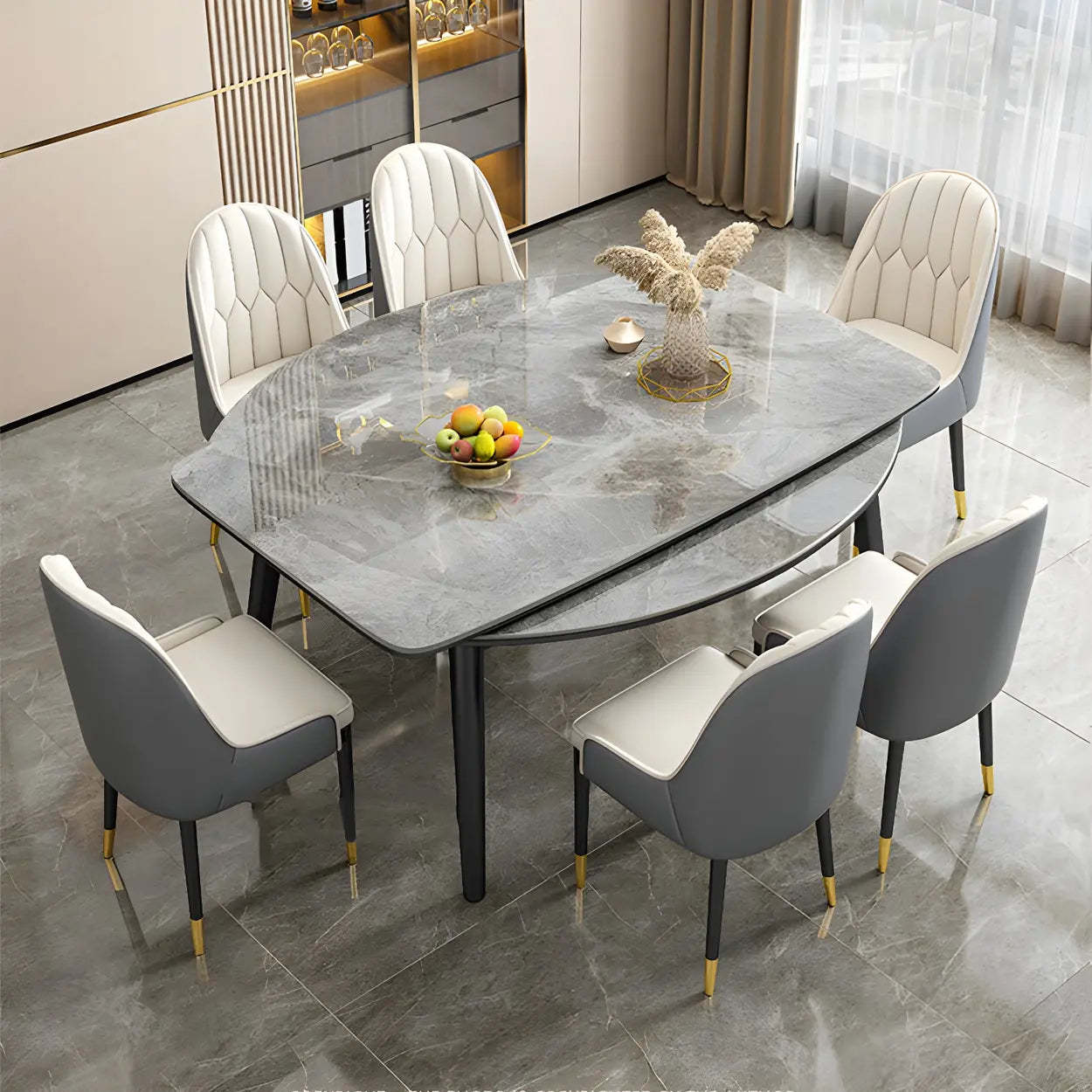 Modern Oval Marble Drop Leaf Dining Table — Gray / Table Only