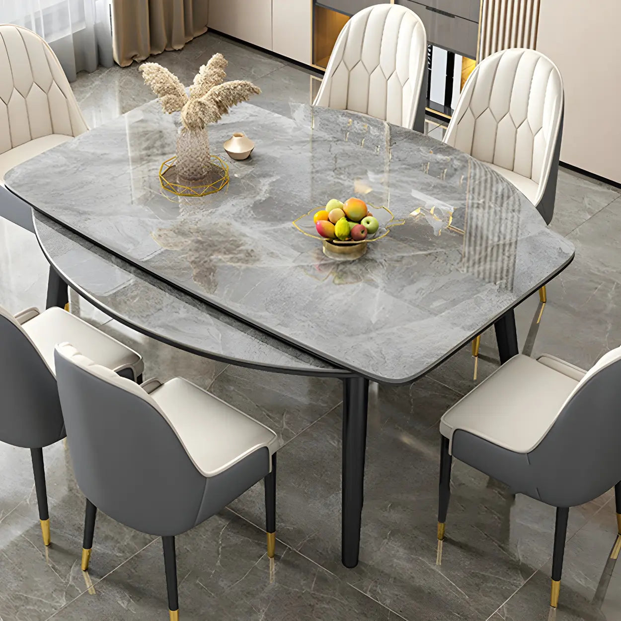 Modern Oval Marble Drop Leaf Dining Table — Gray / Table Only