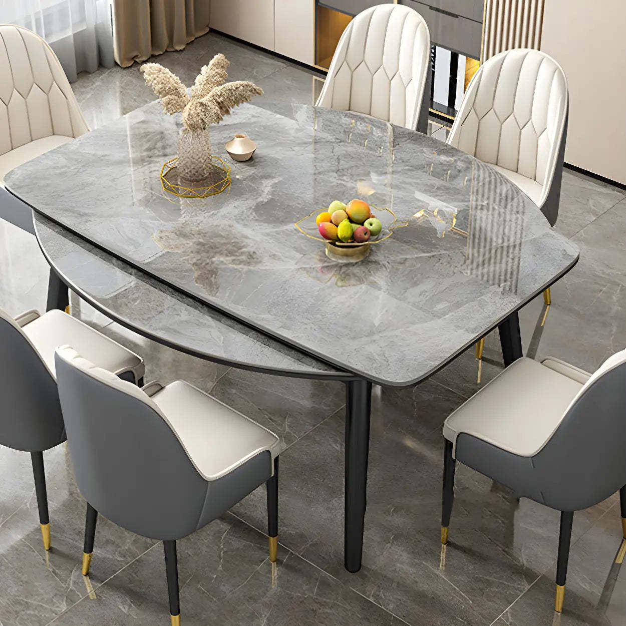 Modern Oval Marble Drop Leaf Dining Table — Gray / Table Only