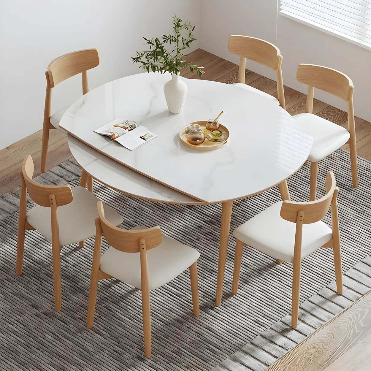Modern Oval Stone Wood Extendable Dining Table — Table Only