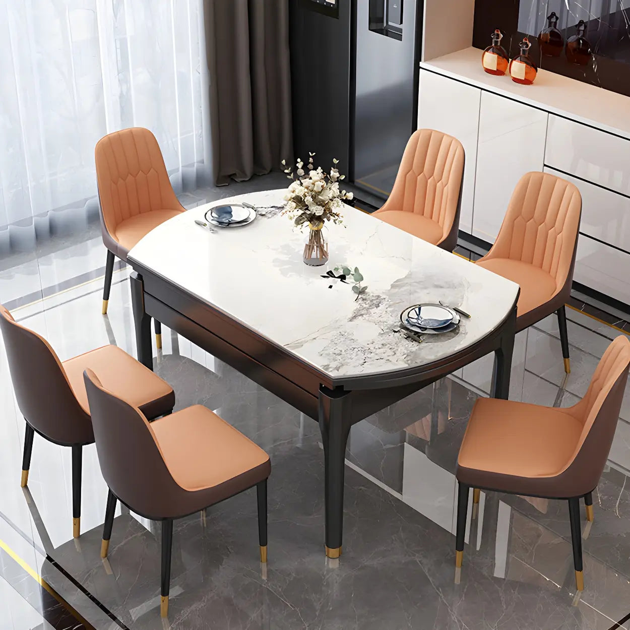 Modern Oval Stone Black-Leg White Drop-Leaf Dining Table