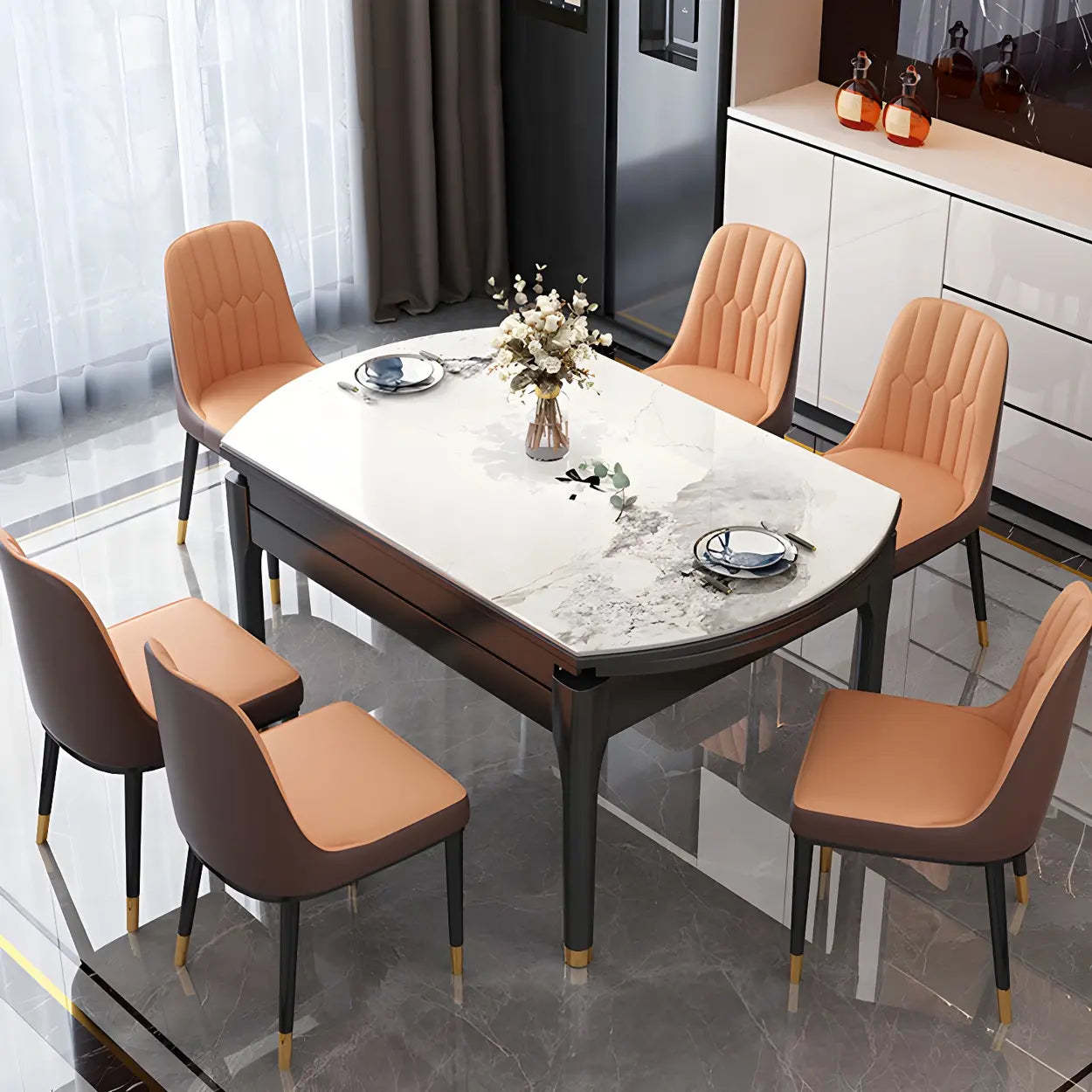 Modern Oval Stone Black-Leg White Drop-Leaf Dining Table — Table Only
