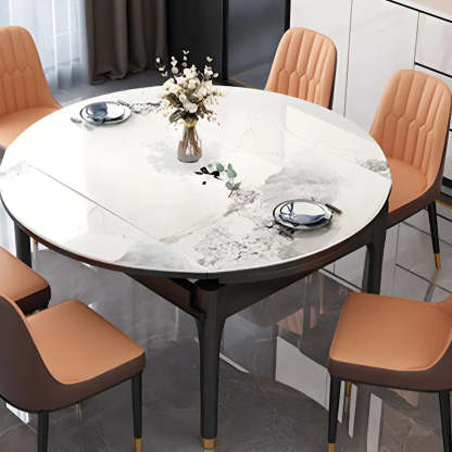 Modern Oval Stone Black-Leg White Drop-Leaf Dining Table