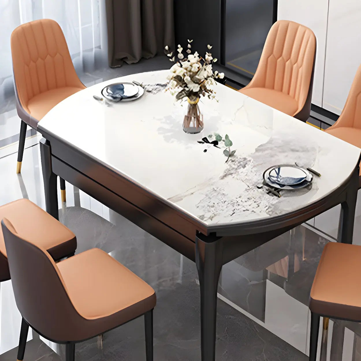 Modern Oval Stone Black-Leg White Drop-Leaf Dining Table