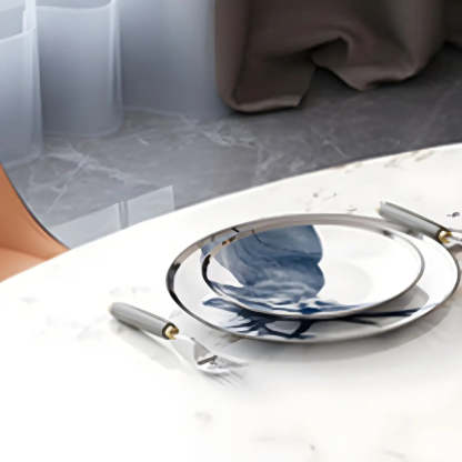 Modern Oval Stone Black-Leg White Drop-Leaf Dining Table