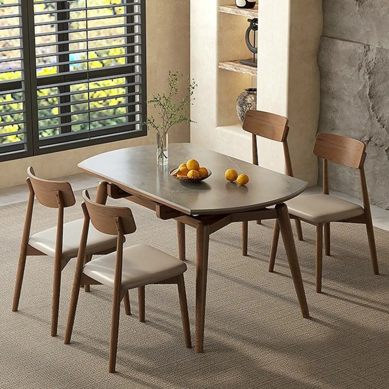 Modern Oval Stone-Top Extendable Wooden-Leg Dining Table