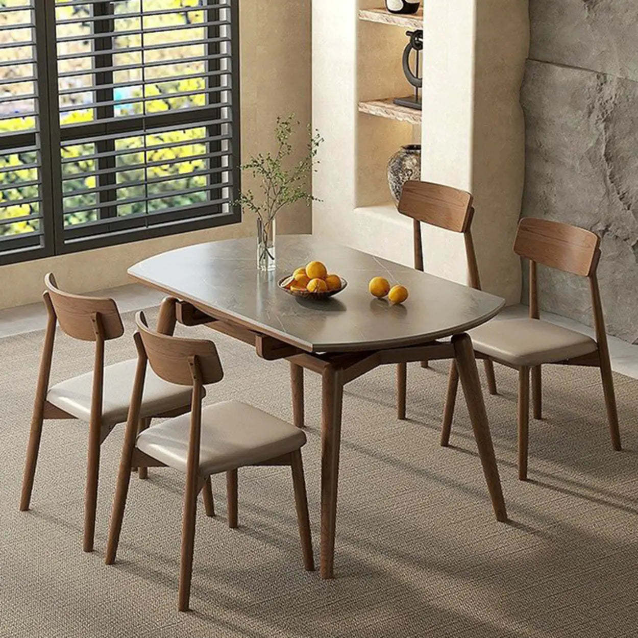 Modern Oval Stone-Top Extendable Wooden-Leg Dining Table — Black / Table Only