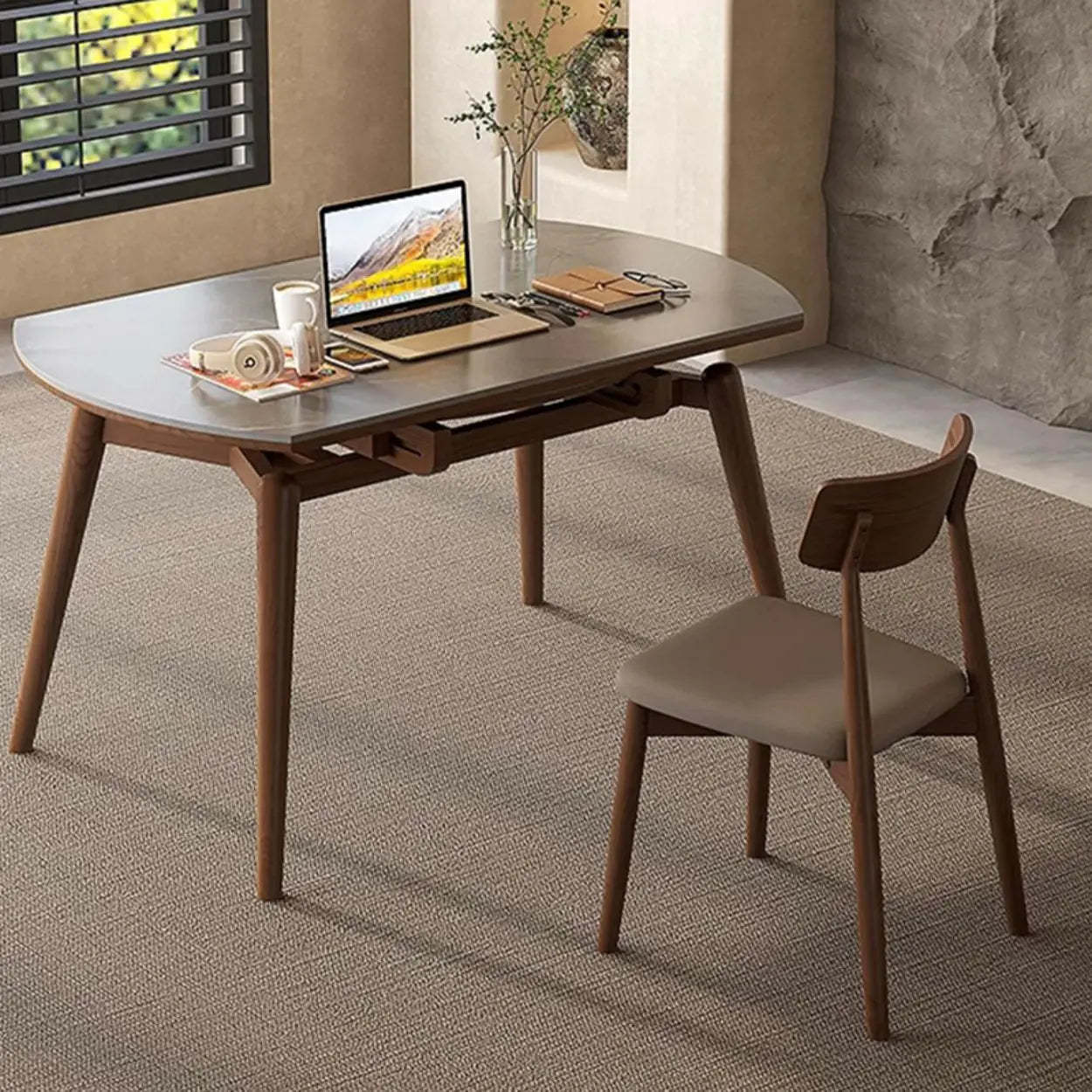 Modern Oval Stone-Top Extendable Wooden-Leg Dining Table
