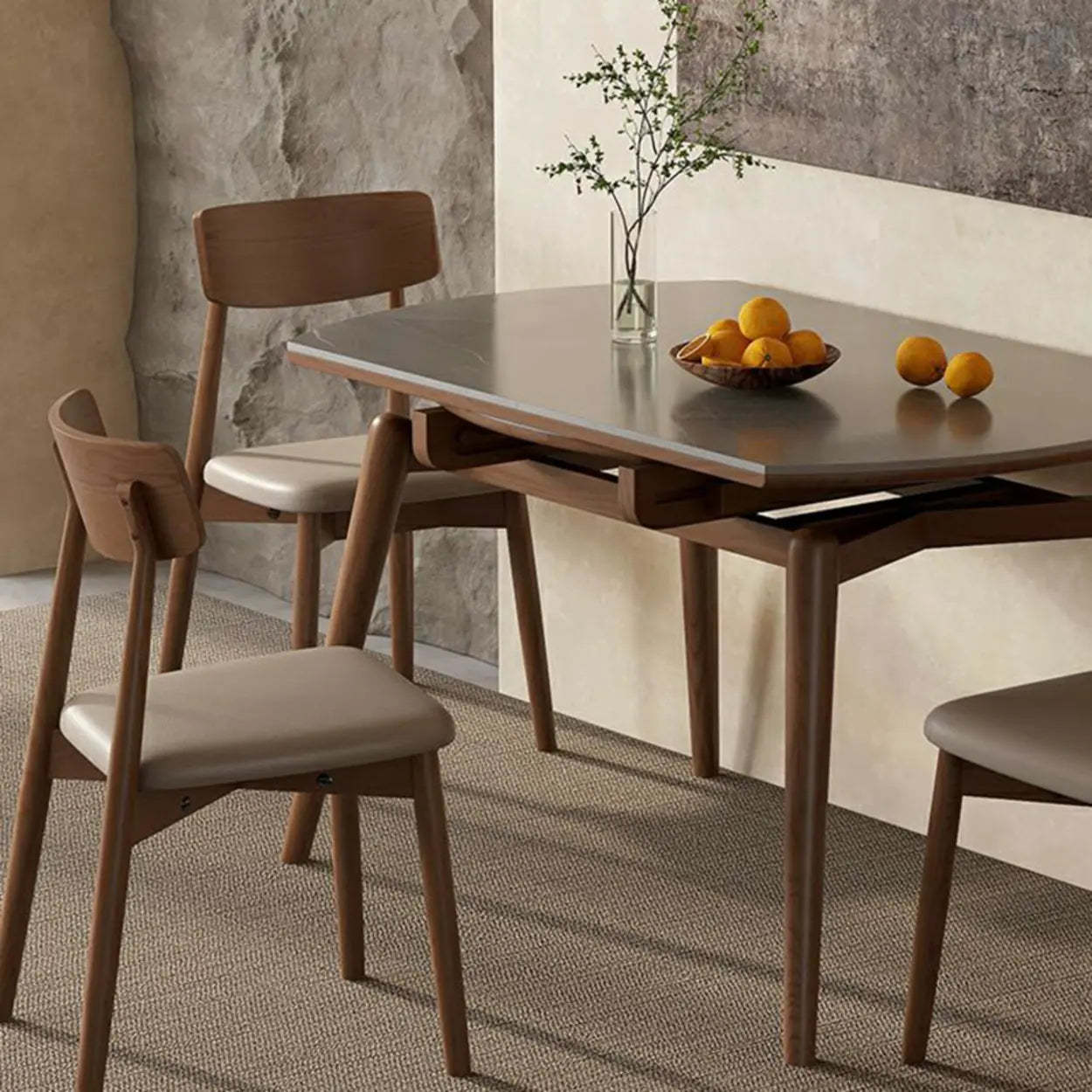 Modern Oval Stone-Top Extendable Wooden-Leg Dining Table