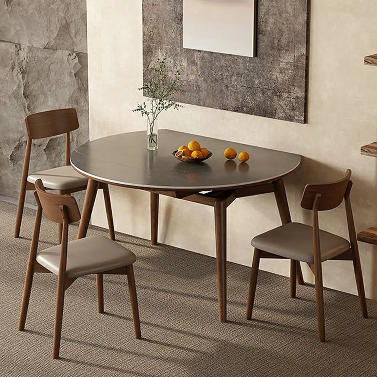 Modern Oval Stone-Top Extendable Wooden-Leg Dining Table — White / Table Only