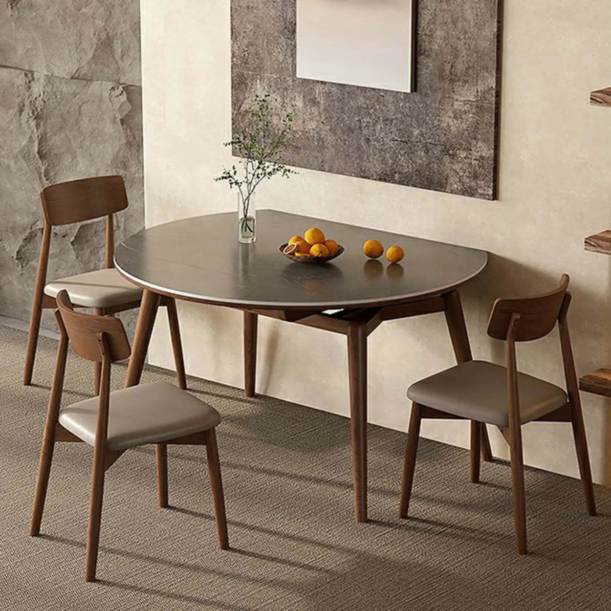 Modern Oval Stone-Top Extendable Wooden-Leg Dining Table — White / Table Only