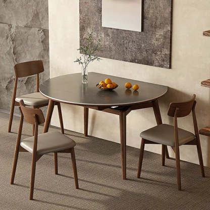 Modern Oval Stone-Top Extendable Wooden-Leg Dining Table — White / Table Only