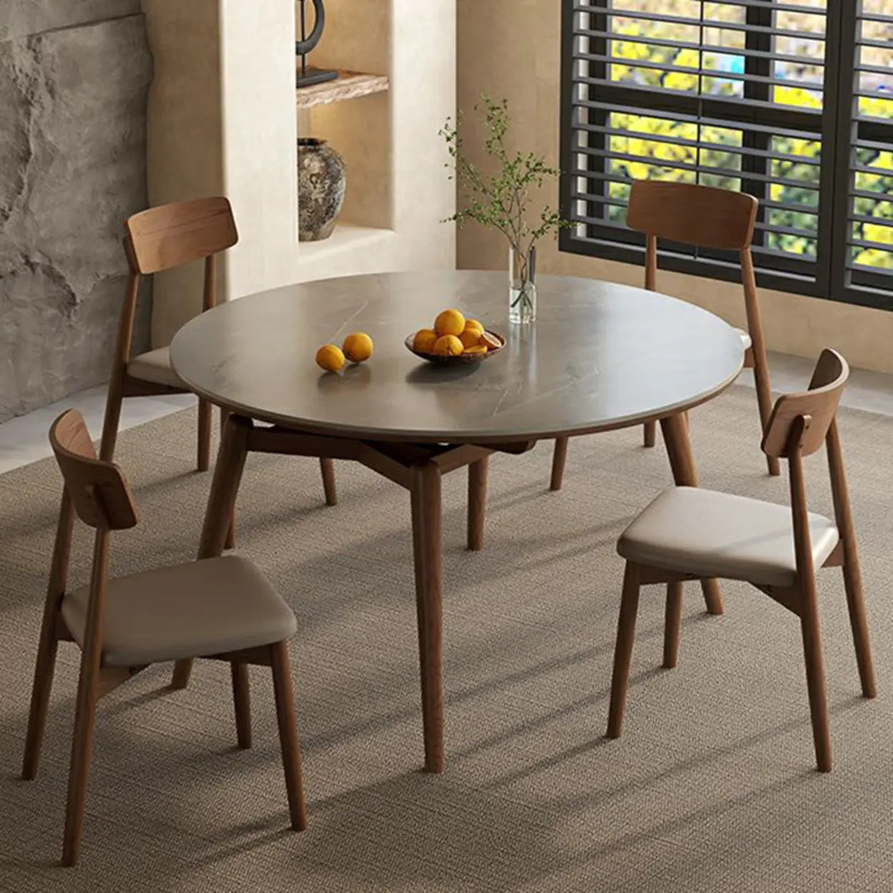 Modern Oval Stone-Top Extendable Wooden-Leg Dining Table — White / Table Only